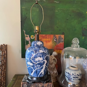Vintage Blue and White Cherry Blossom Asian Lamp
