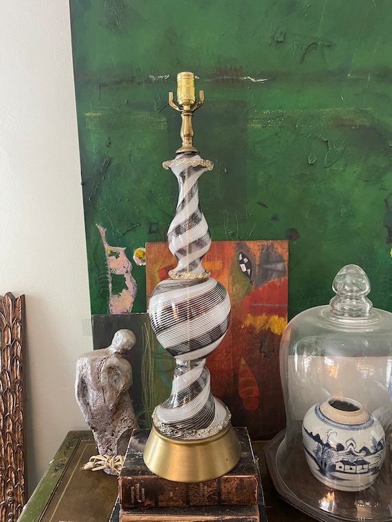 Tall Vintage Handblown Black and White Murano Glass Lamp