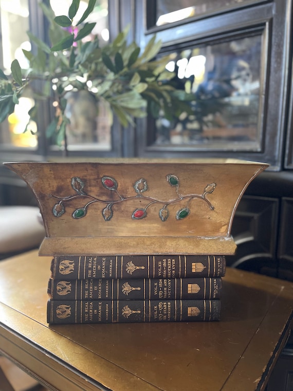 Antique Brass Chinese Planter with Gemstones Global Asian Decor Chinoiserie Jewel Mantel Decor