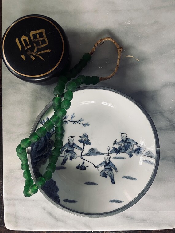 Vintage Blue and White Chinoiserie Ceramic and Aluminum Noodle Bowl