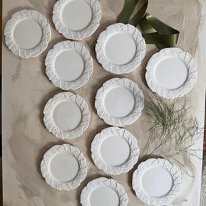 Set of Eleven (11) White Majolica Style Leaf 7.5” Plates | Neutral Tablescape