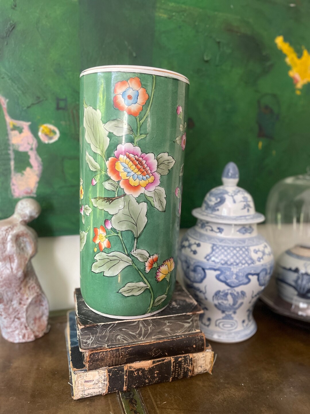 グリーン 陶器製 花模様の傘立て 新品 陶器傘立て 難有 透かし グリーン 和風 高級 花柄模様 高級