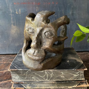 Signed Bronze Abstract Profile of Face Sculpture Postmodern