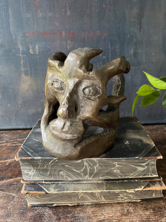 Signed Bronze Abstract Profile of Face Sculpture Postmodern
