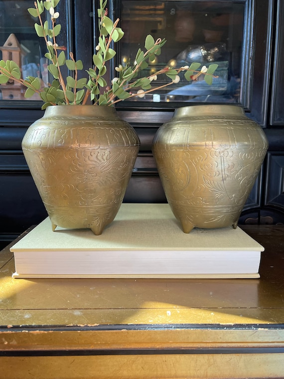 Antique Brass Foo Dog Chinese Vases Chinoiserie Asian Ming Qing Dynasty Style