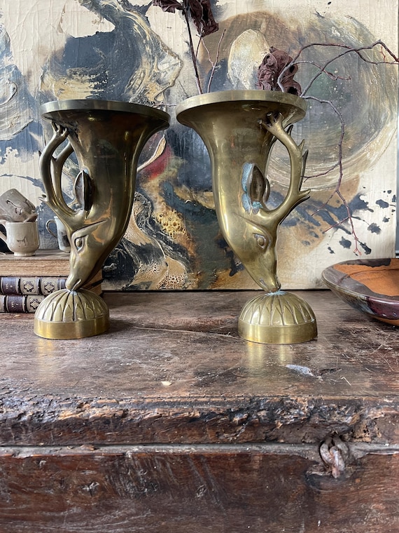 Pair of Vintage Brass Deer Mantel Vase or Centerpieces