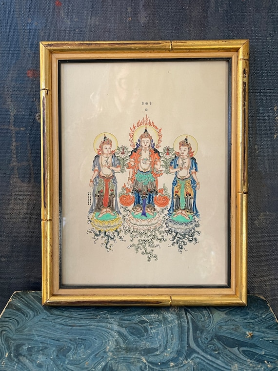 Chinese Buddhist Bodhisattva Guanyin Painting Gold Framed