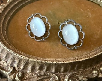 Vintage Sterling Silver Milk Glass Cabochon Earrings Oval White Stone Scalloped Floral Frame