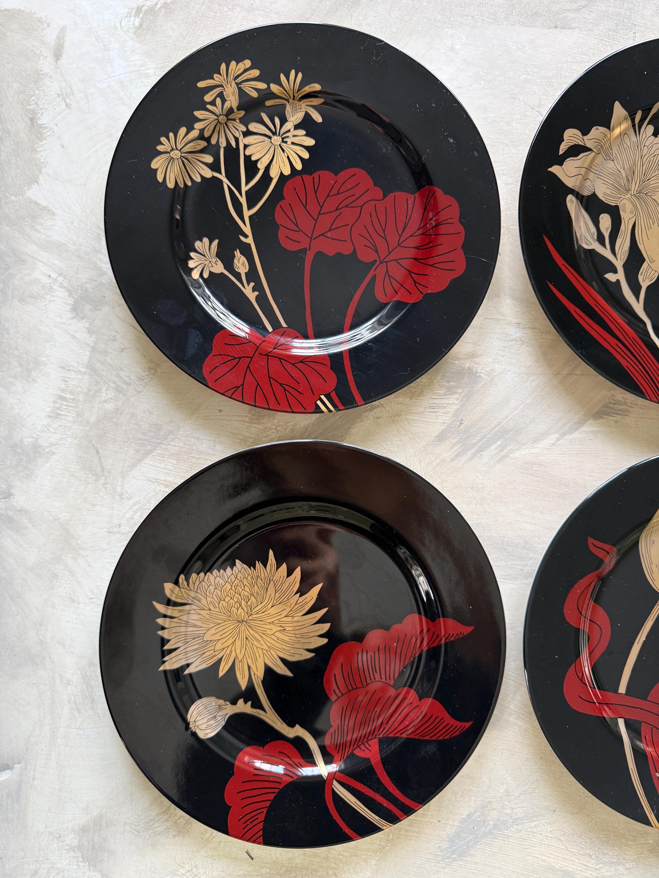 Set of 4 Fitz and Floyd 1979 Imperial Garden Black Floral 7.5