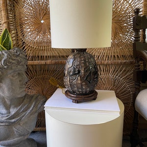 Vintage Asian Symbol Lamp on Bamboo Base Monochromatic Neutrals Chinese Characters Chinoiserie