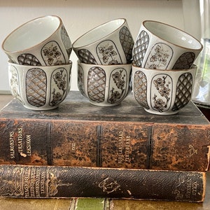 Set of Six (6) Brown and White Vintage Stoneware Japanese Tea Cups