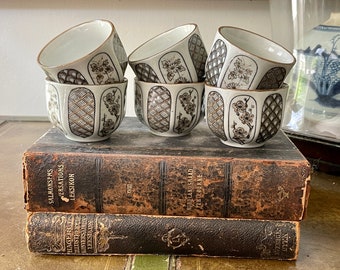Set of Six (6) Brown and White Vintage Stoneware Japanese Tea Cups