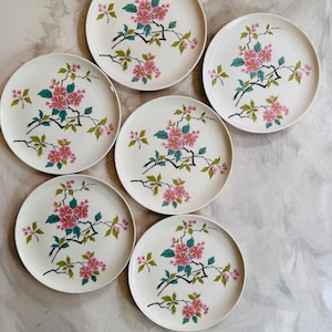 Set of Six (6) MCM Harmony House in Temple Flower 9.25” Plates | Pink Chinoiserie Chic | Mid Century Kitchenware