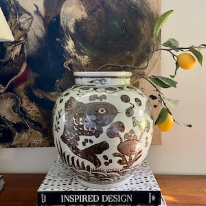 Oversized Brown and White Chinoiserie Pottery Vase