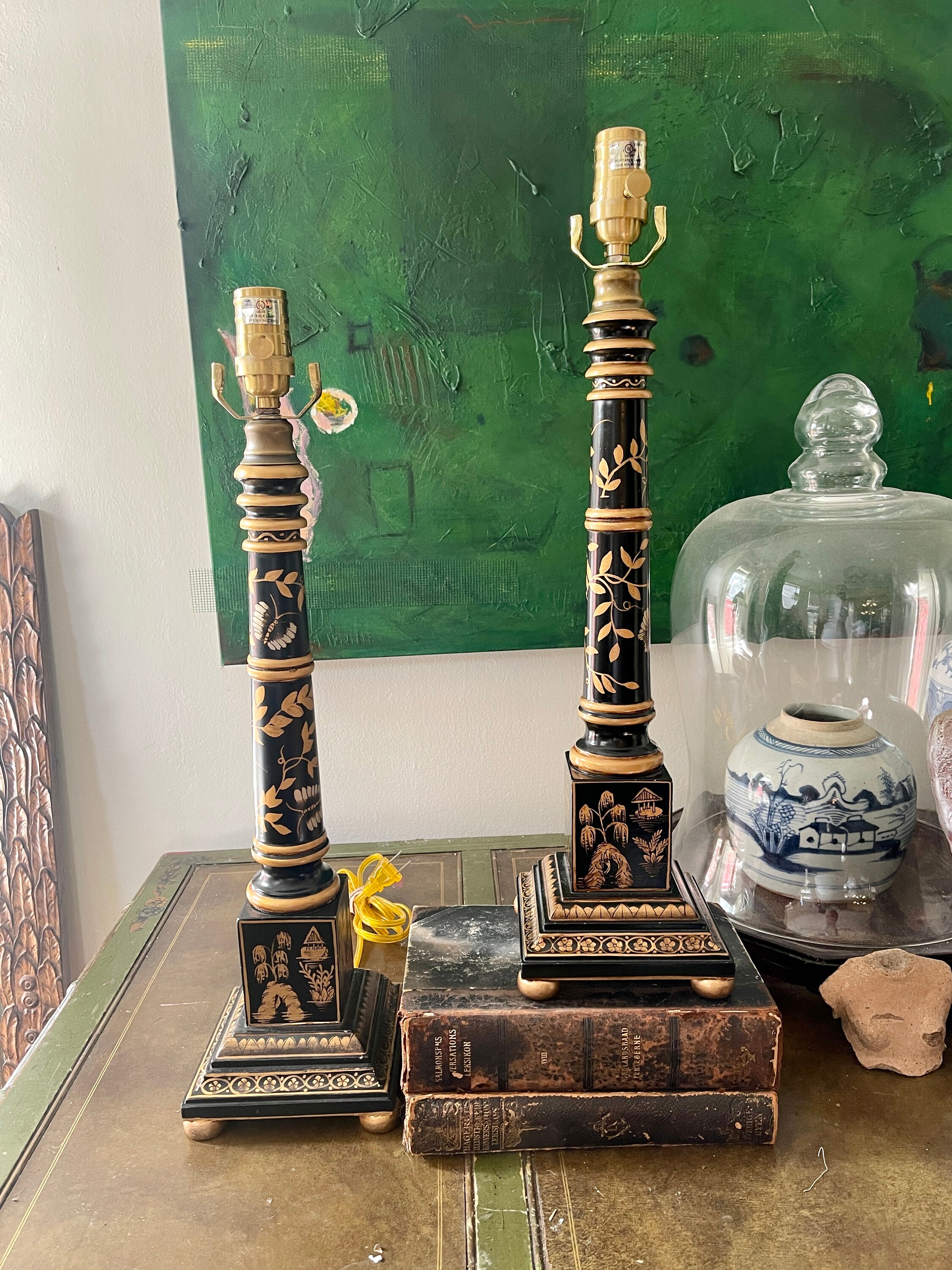 Pair of Bombay Black and Gold Chinoiserie Buffet Lamps