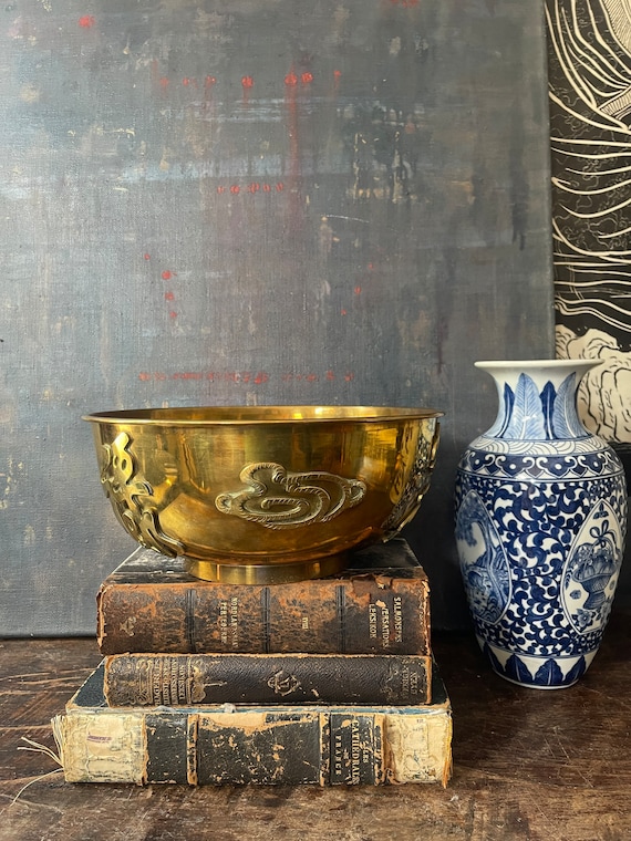 Vintage Large Asian Brass Bowl with Symbols