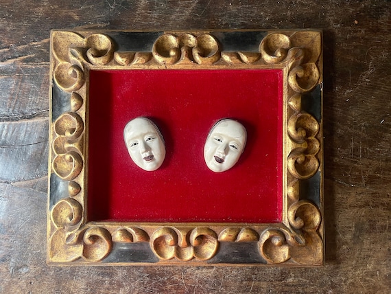 Pair of Vintage Framed Miniature Japanese Noh Omote Masks