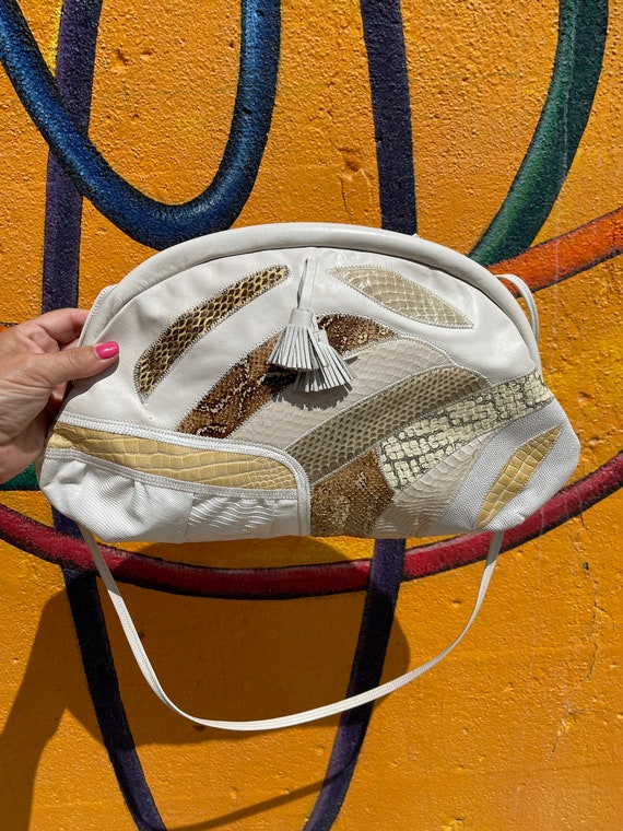 Vintage White Leather and Faux Exotic Skin Purse Handbag Chic