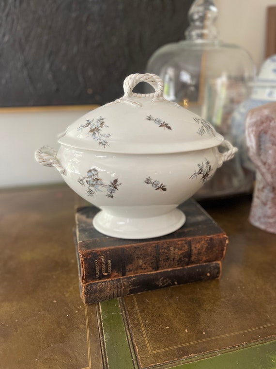 Large Vintage Light Blue and Brown Floral Haviland Limoges Soup Tureen Pattern H2633 Nautical Rope Handle Coastal Entertaining Family