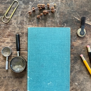 Puede incluir: Un libro turquesa con una cubierta texturizada está rodeado por un clip dorado, lupas, lápices y una pequeña ramita de flores secas. Los objetos están dispuestos sobre una superficie de madera envejecida, creando una estética vintage.