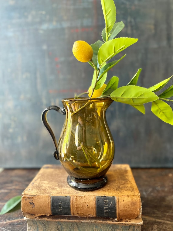 Vintage Amber Handblown Glass Pitcher Barware Entertaining