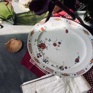 May include: A white porcelain dinner plate with a floral design in shades of red, yellow, blue, and green. The plate is surrounded by a red and white checkered tablecloth and a white linen napkin.