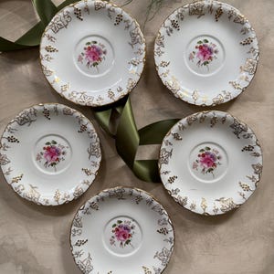 Set of Five (5) Royal Crown Derby Pink Floral 5.5” Plates in Vine Pattern | English Bone China | Antique Plate