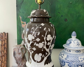 Vintage Brown and White Chinoiserie Cherry Blossom Lamp by Chapman