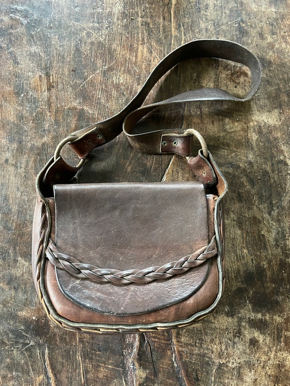 Vintage Oiled Leather Boho Shoulder Handbag - image 1