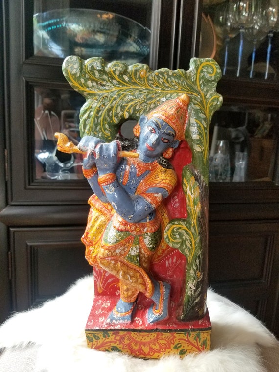 Vintage Plaster Lord Krishna Statue Hindu God Vishnu Goddess Buddha Religious Statue Colorful
