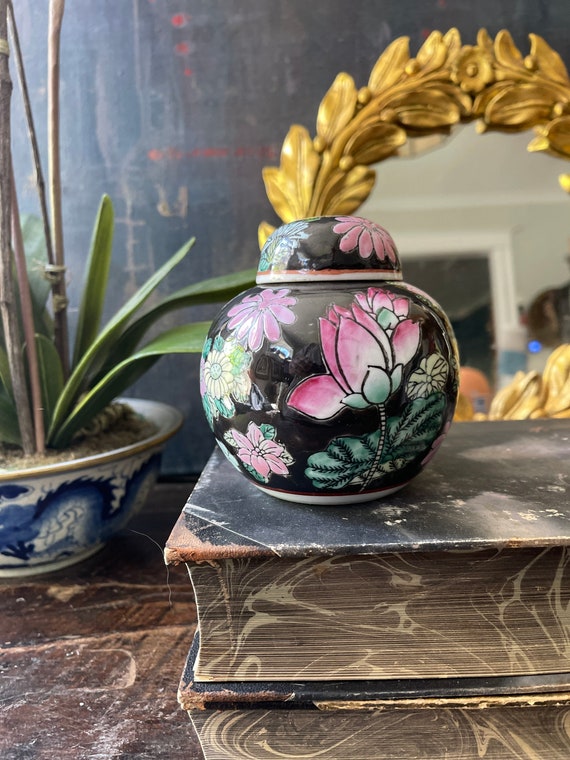 Black Chinoiserie Small Ginger Jar Pink Peony
