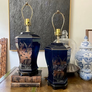 Pair of Deep Navy Blue Glass Chinoiserie Lamps