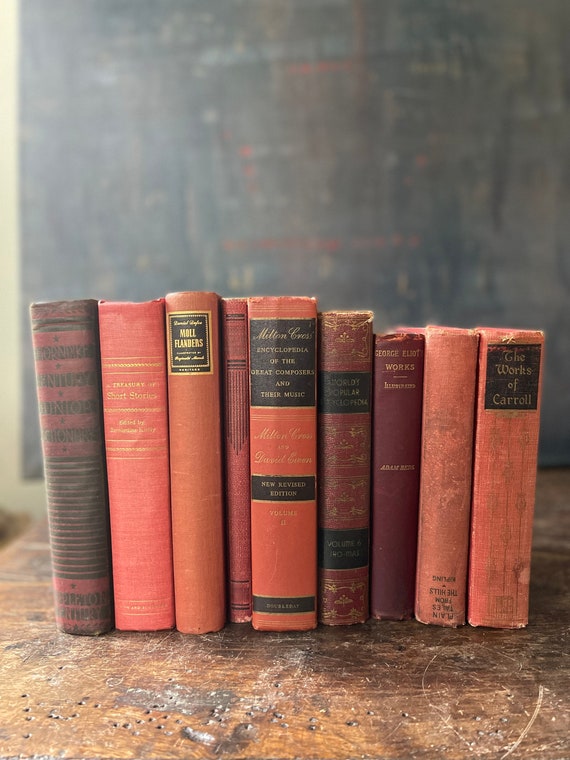 Vintage Bookstack of 9 Vintage Red and Black Old Books Bookshelf Decor Pretty Old Books for Display