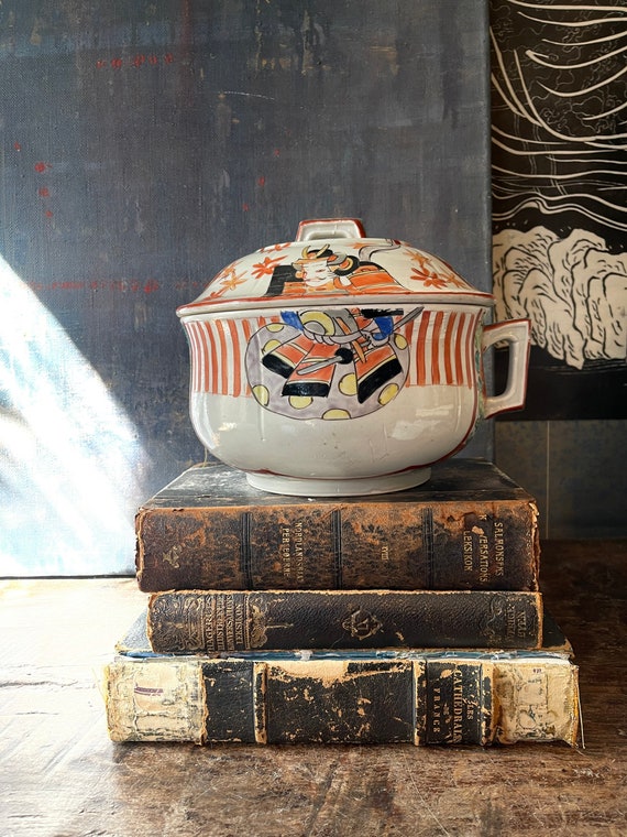 Vintage Large Lidded Asian Pot Chinoiserie Jar Soup Jar Ginger Jar Style Coastal Asian Warrior