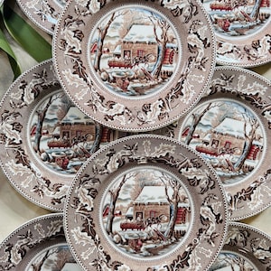 &quot;Set von zwölf (12) Vintage Johnson Brothers Brown Transferware Historisches Erntedankfest Americana 10 5/8 &quot;&quot;Speiseteller | Traditionsfeste