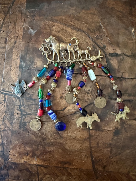 Large Vintage Brass Dog and Coin Charm Brooch Dog Lover Labrador Dog Show Hound Hunting Eclectic