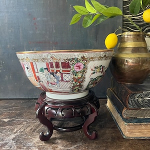 Vintage gran Famille Rose Bowl en soporte