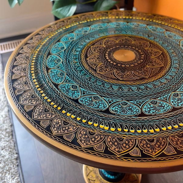 Artistic side table / end tables - Hand painted + Handmade paisley design + Wooden round table for Living Room and Bedroom