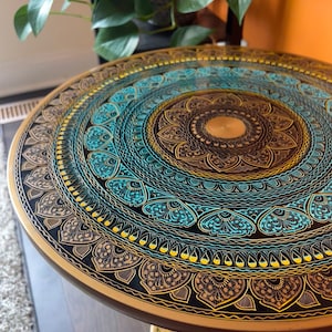 Artistic side table /end tables Hand painted Handmade paisley design Wooden round table for living room and bedroom: Turquoise Sunburst image 1