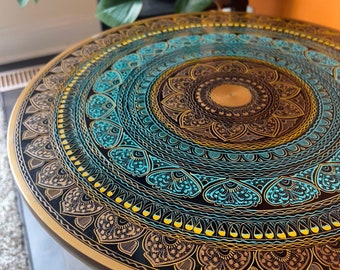 Artistic side table /end tables - Hand painted + Handmade paisley design -Wooden round table for living room and bedroom: Turquoise Sunburst