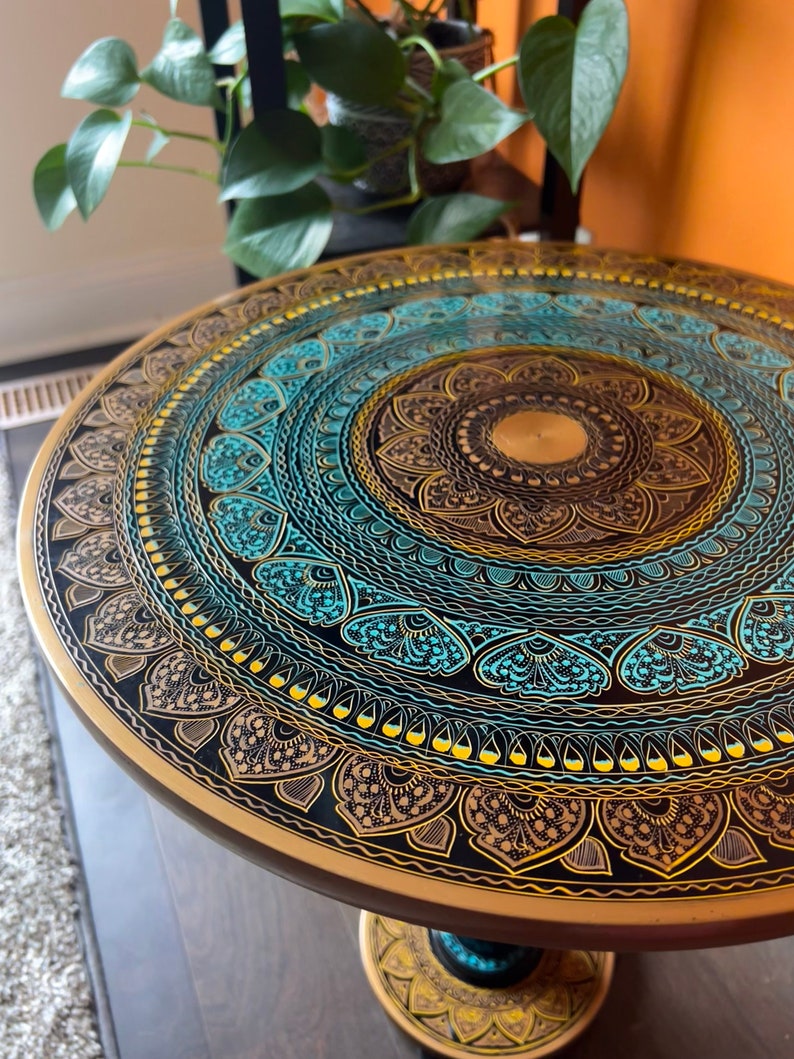 Artistic side table /end tables Hand painted Handmade paisley design Wooden round table for living room and bedroom: Turquoise Sunburst image 1