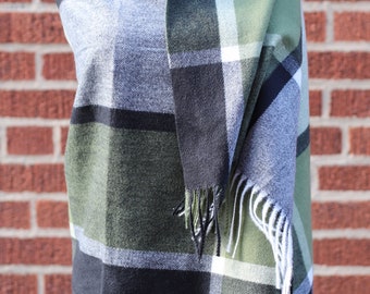 Striped green woolen blend scarf / wrap - Very soft + Warm - Cashmere wool blend - 72 inches by 27 inches