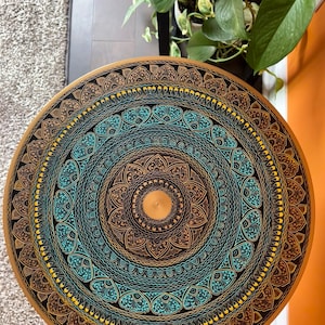 Artistic side table /end tables Hand painted Handmade paisley design Wooden round table for living room and bedroom: Turquoise Sunburst image 5