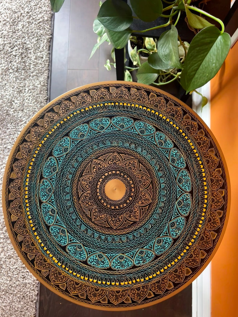 Artistic side table /end tables Hand painted Handmade paisley design Wooden round table for living room and bedroom: Turquoise Sunburst image 5