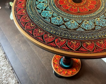 Artistic side table / end tables - Hand painted + Hand carved paisley design + Wooden round table for living room and bedroom: Ring of Fire