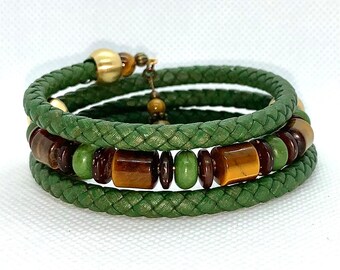 Fern Greenery - Handmade Braided Leather Memory Wire Bracelet