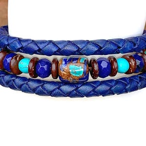 Blue Lapis Wrap - Handmade Braided Leather Memory Wire Bracelet