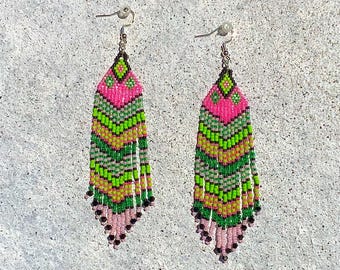 Pink and Green  - Seed Bead Fringe Earrings