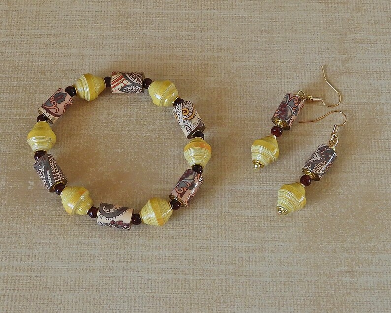 Handmade Paper Bead Bracelet /& Earrings Earth Tone Paisley