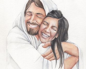 Custom Loved One with Christ watercolor portrait